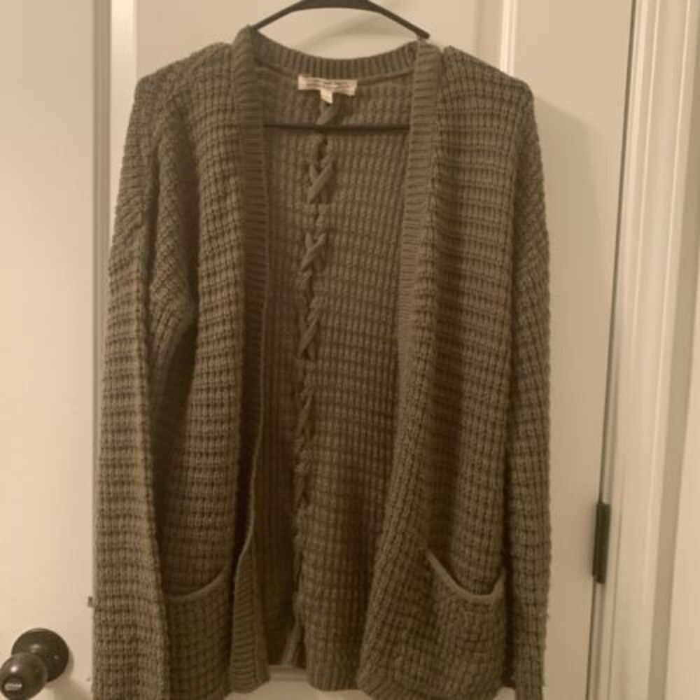 Pink Rose Cable Knit Cardigan Sweater Open Front Women's Size Large Olive Green